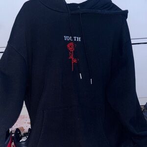 Black Hoodie with Red Rose Embroidery